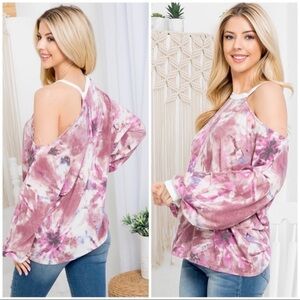 New Boutique Brand Tie Dye Sweater, Deep Cut Cold Shoulder & Bishop sleeves